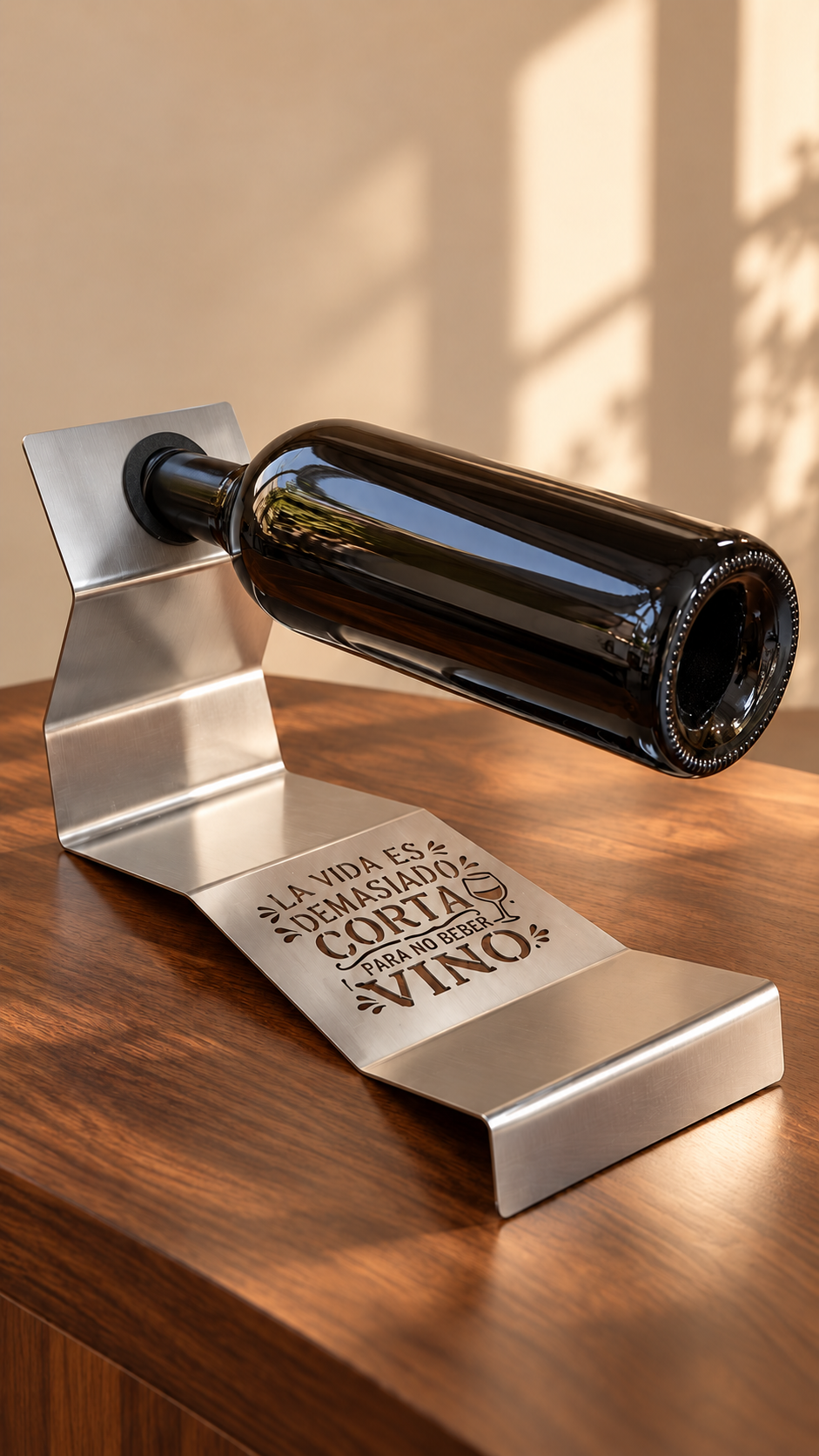 Soporte de vino personalizado en acero inoxidable con la frase y nombre personalizables